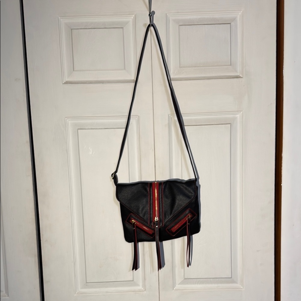 Olivia Miller Black and Red Crossbody Bag with Flap Closure